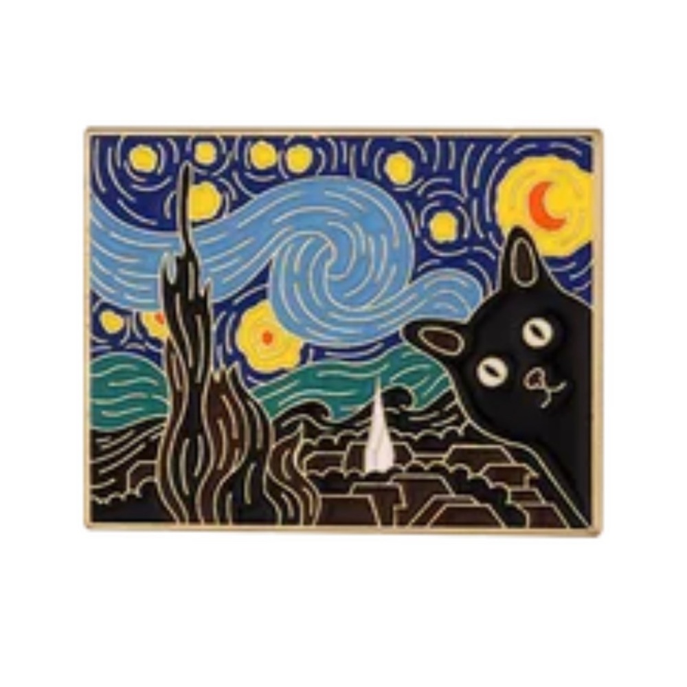 Van Gogh Cats Enamel Metal Pin The Starry Night Painting Parody Black Cat Brooch